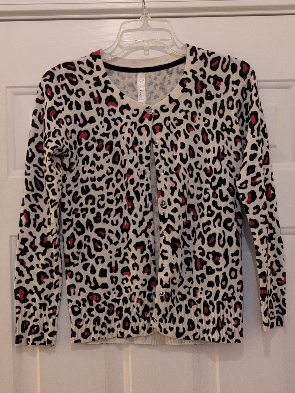 Girl's Cherokee Cream/Black/Pink/Red Leopard Pattern Knit Button Up Cardigan, L